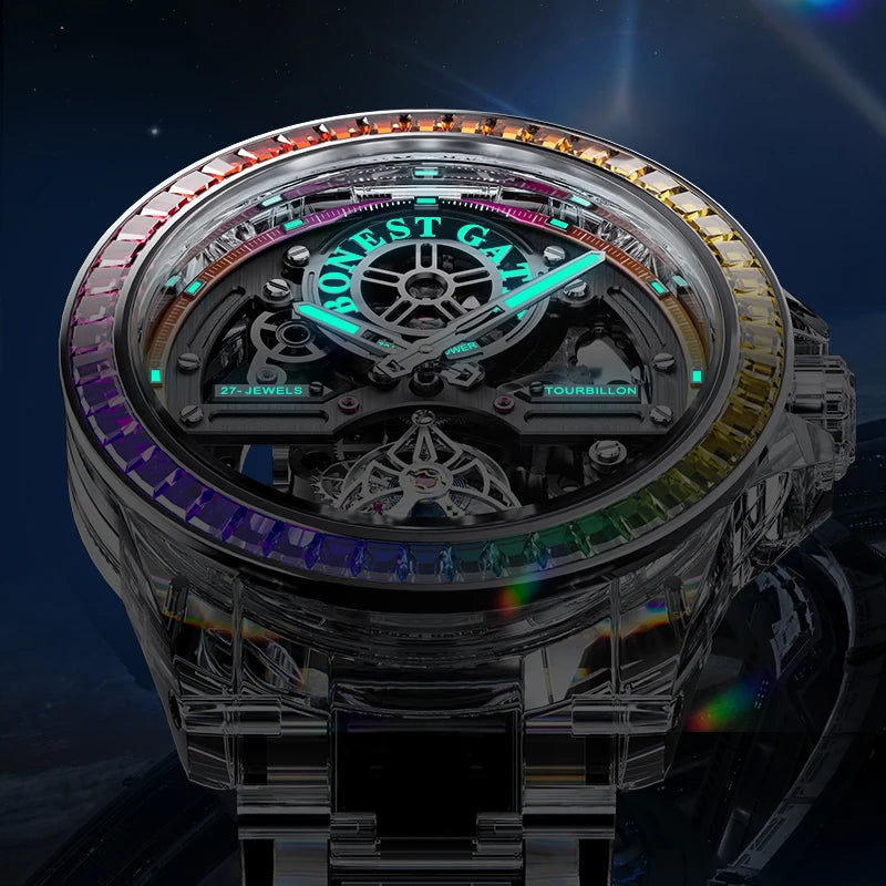 BONEST GATTI Luxury Skeleton Tourbillon Watch for Men K9 Crystal Case with Rainbow Bezel Automatic Mechanical Wristwatch