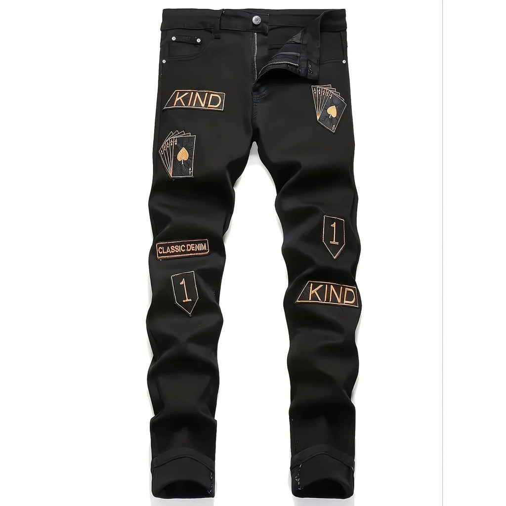 New European and American model: black, dirty, print, ripped, trendy men’s jeans.