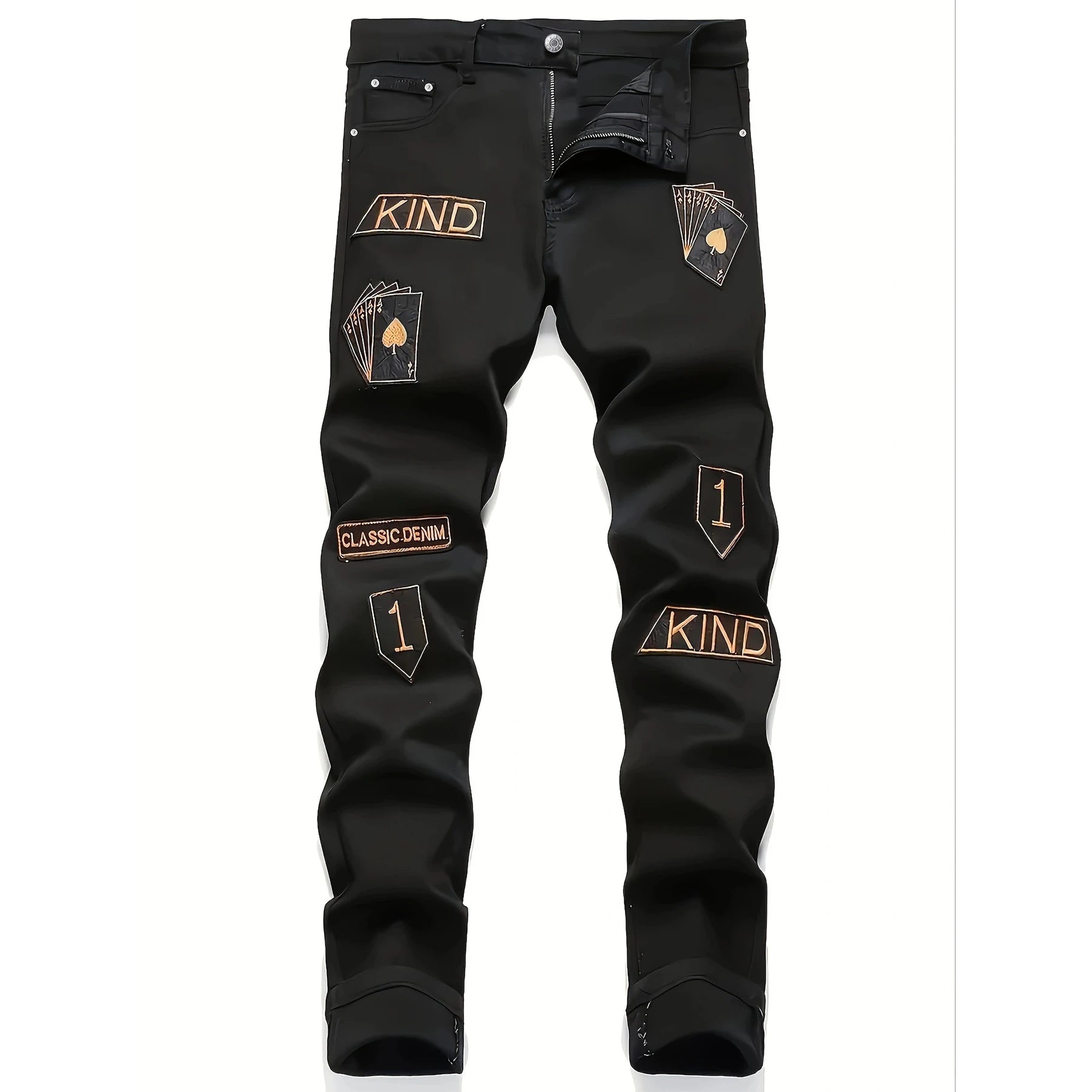 New European and American model: black, dirty, print, ripped, trendy men’s jeans.