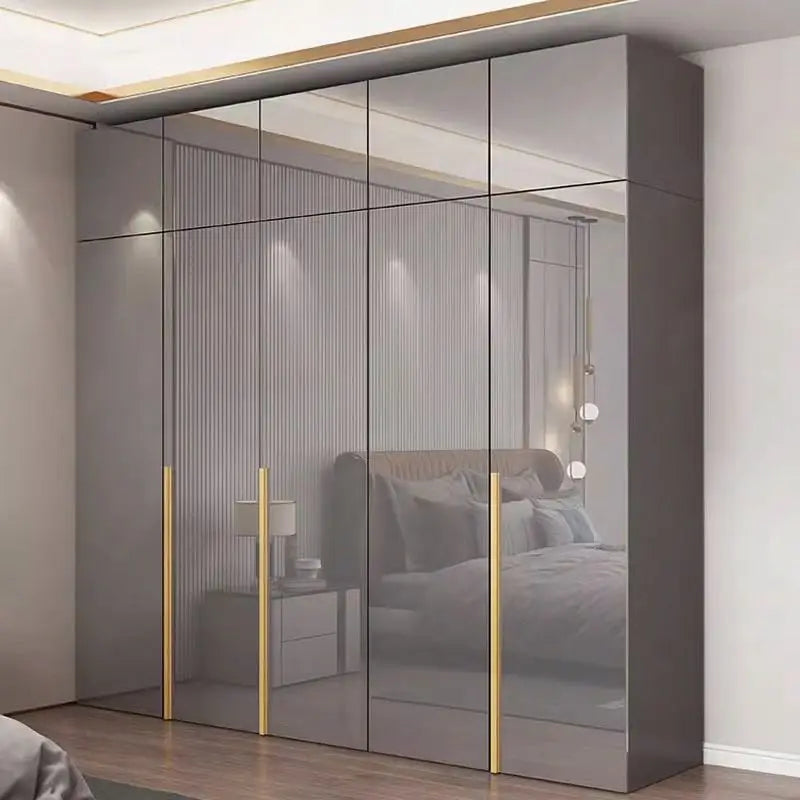 Light Luxury Minimalist Eco-friendly Glossy Wooden Wardrobe Five or Six Door Large Rental Cabinet for Home Bedroom