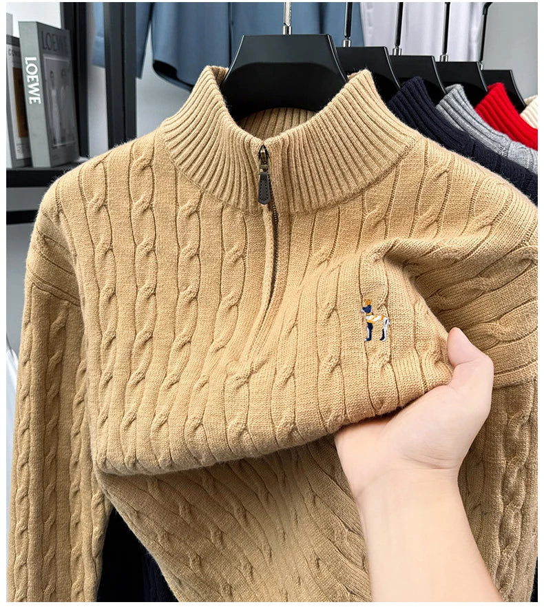 High end brand fashion jacquard sweater cartoon dog embroidery zipper semi high neck autumn winter warm men's knitted pullover
