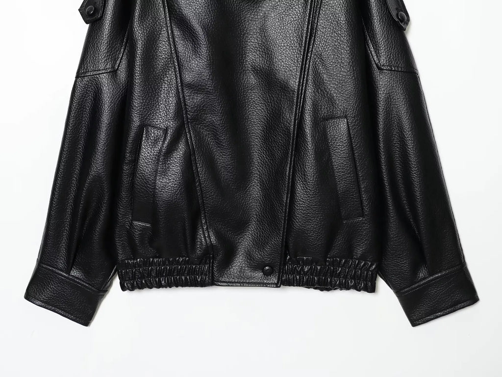 TFMLN Chic Black Faux Leather Jackets Women Long Sleeve Buttons Elastic Oversized Coats Fashion 2025 Autumn Winter Streetwear