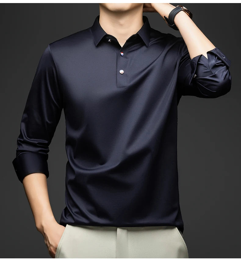BROWON 2025 Spring Autumn Casual Work Tops Man Tshirt Long Sleeve Solid Color Soft Elegant Business Mulberry Silk T Shirt Man