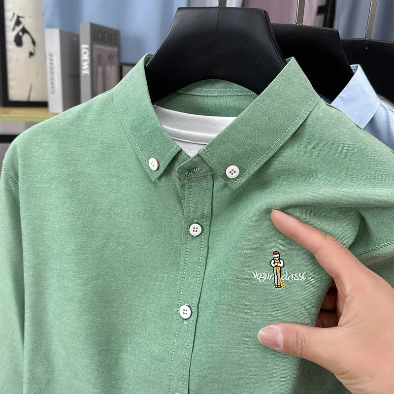 Light luxury fashion men's long sleeve shirt brand cartoon embroidery high-quality business casual solid color golf lapel top
