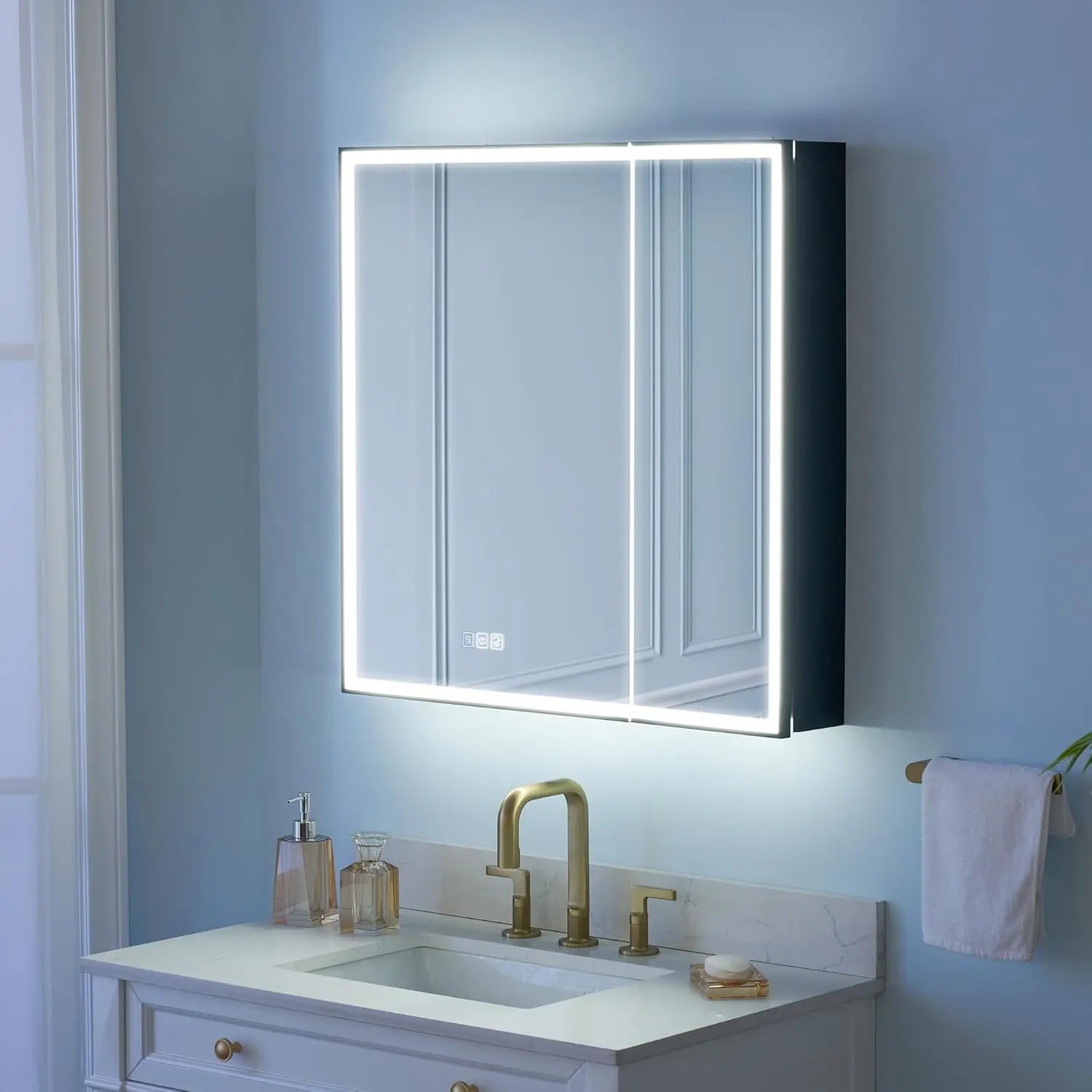 30" X 30" LED Mirrored Medicine Cabinet, Medicine Cabinets with Lights for Bathroom, Defogging Function Mirror, Customized