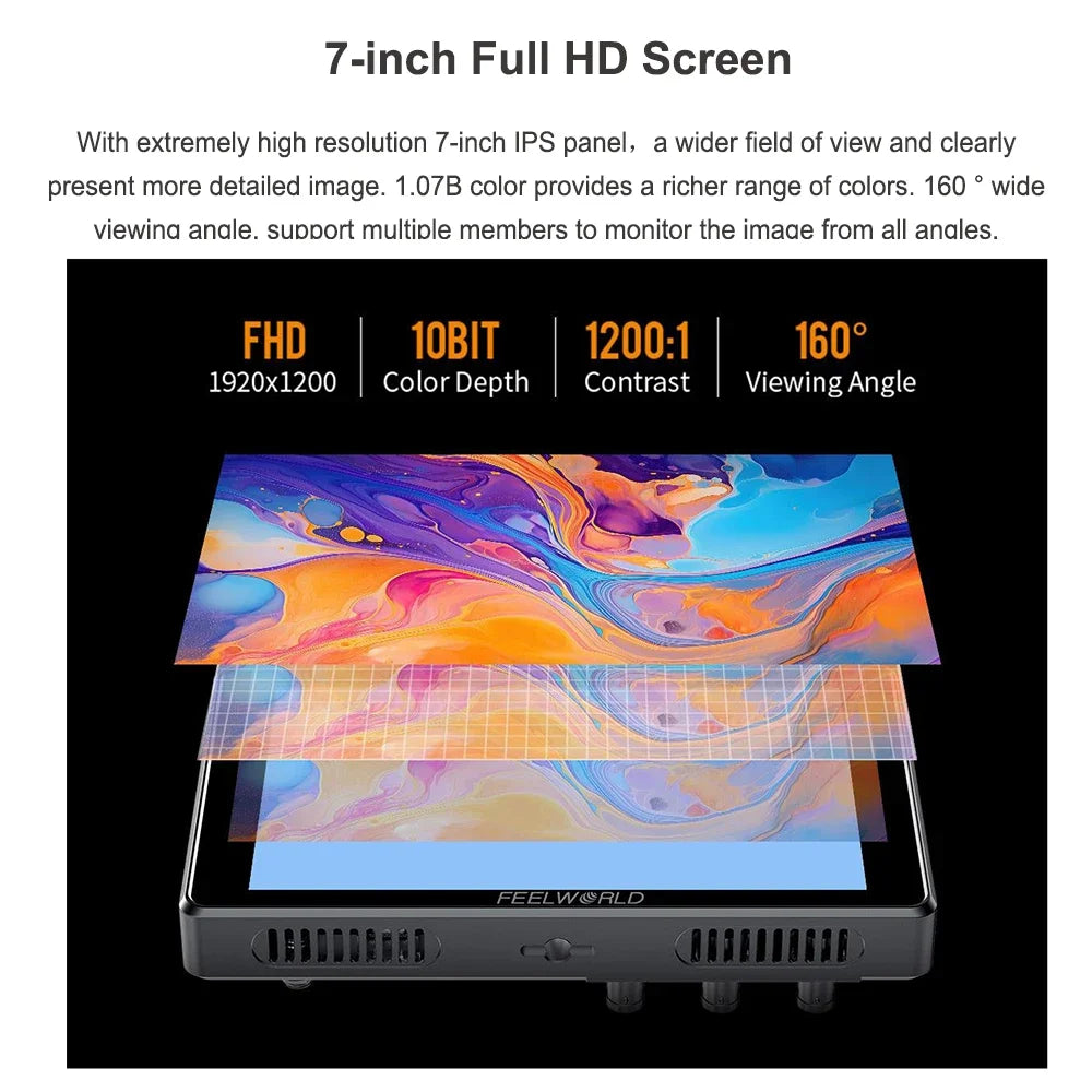 FEELWORLD S7 7-inch 12G-SDI HDMI2.0 Camera Field Monitor 1920x1200 pixels 4K HDMI High Brightness 1600nit
