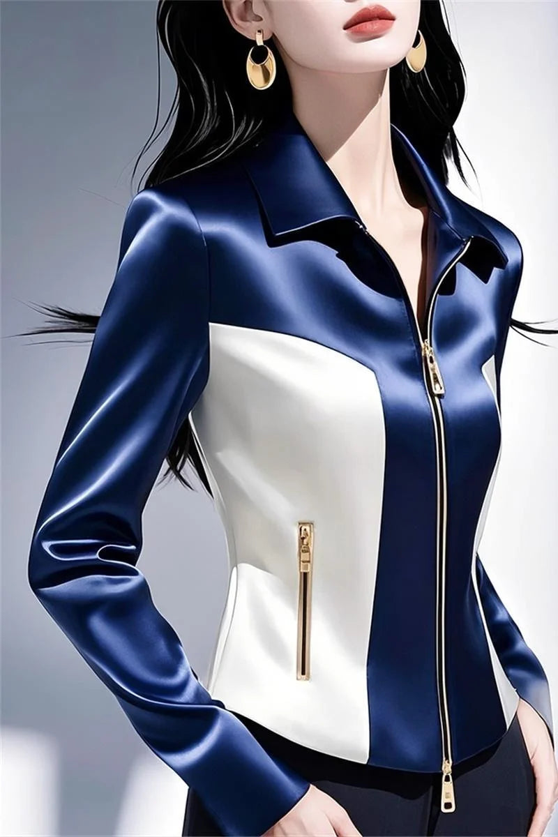 Contrast Satin Jacket Women's 2025 Early Spring Summer New Shirt Female High Quality Western-Style Waist Coat Zipper Tops Ladies