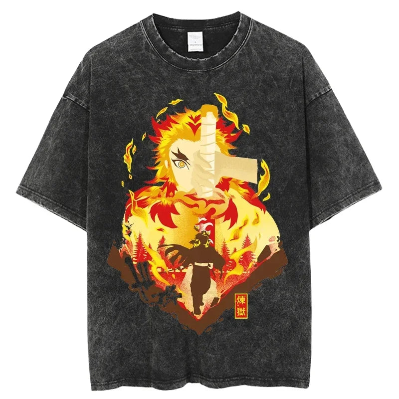 2025 Kimetsu no Yaiba Japanese Anime T Shirt Harajuku Man T Shirts Tees Shirt Tops Design Washed Black Short-Sleeve unisex top