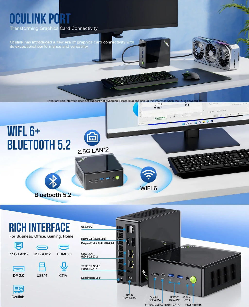 GMKtec Oculink Mini PC K11 K8 Plus M7 AMD R9 8945HS 8845HS 6850H 2*USB4 2*DDR5 2*2.5G LAN Micro Gaming Computer WiFi6 Desktops