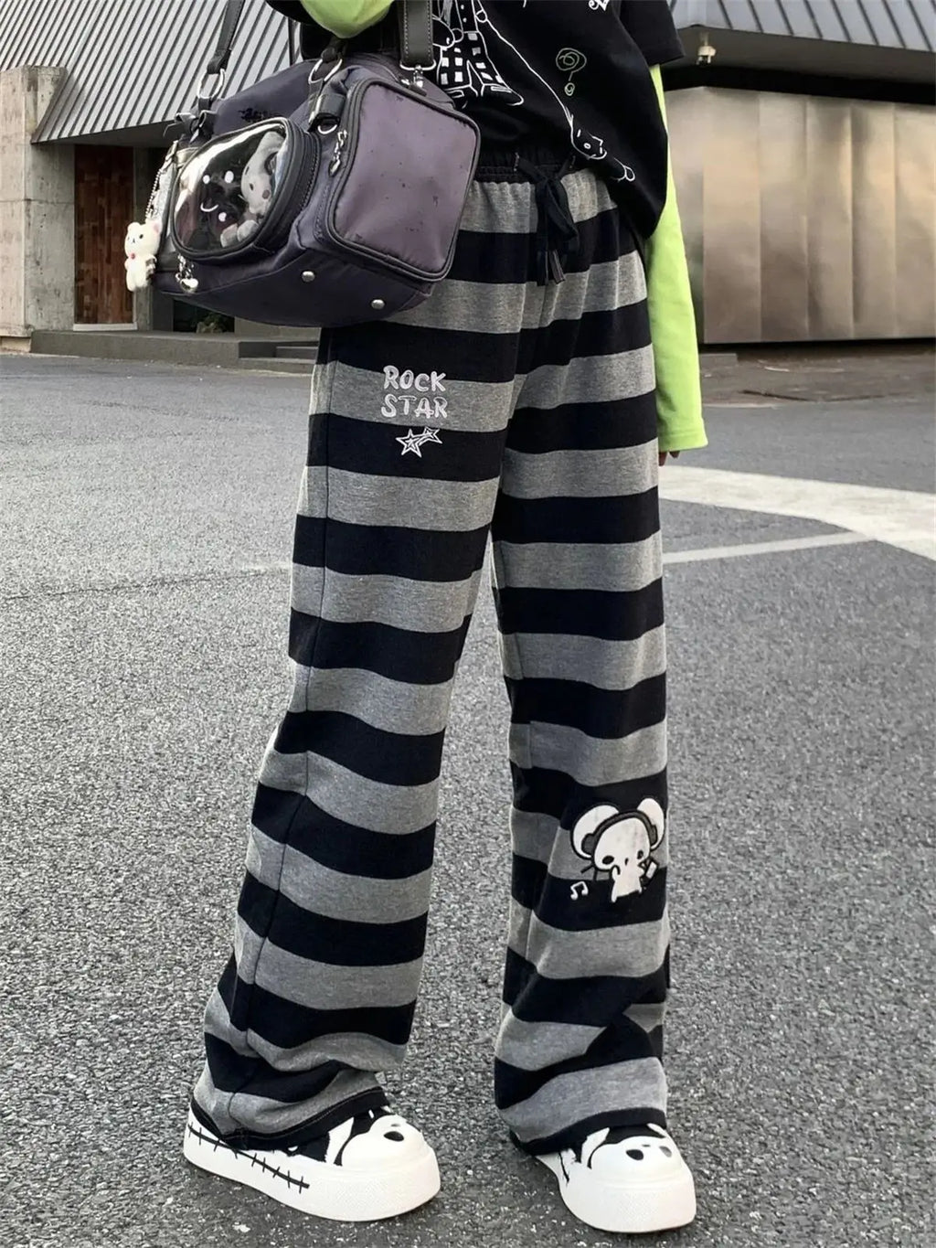 Harajuku Y2K Punk Anime Printed Striped Pants Straight Leg CleanFit PVC Material ex Neutral Sle Casual Trousers
