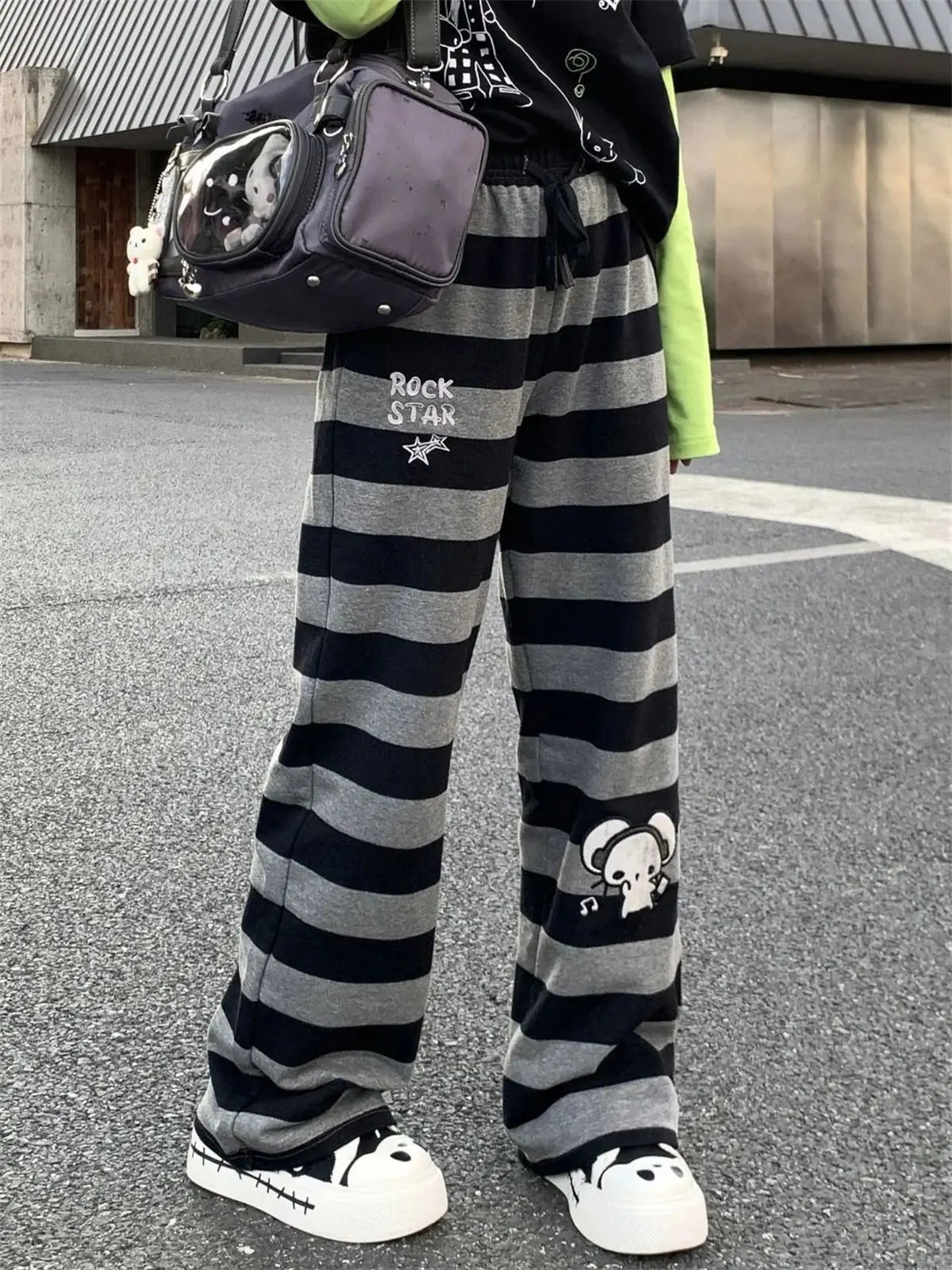 Harajuku Y2K Punk Anime Printed Striped Pants Straight Leg CleanFit PVC Material ex Neutral Sle Casual Trousers