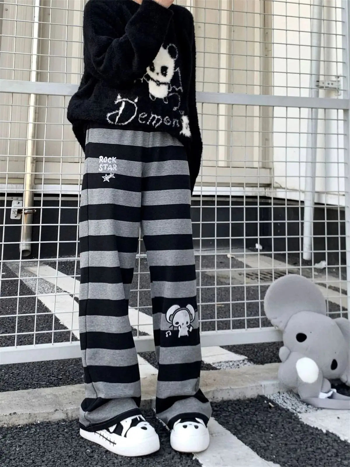 Harajuku Y2K Punk Anime Printed Striped Pants Straight Leg CleanFit PVC Material ex Neutral Sle Casual Trousers