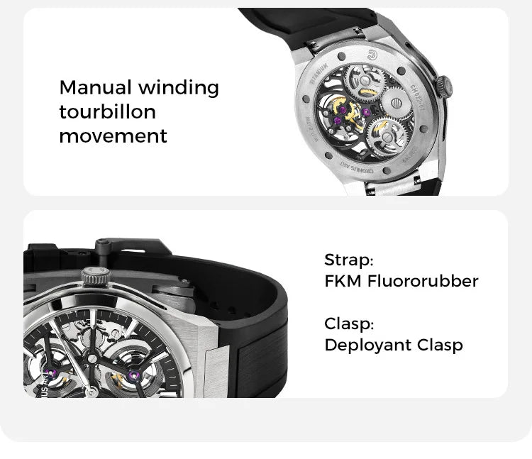 CRONUSART Men Tourbillon Watch 41mm Mechanical Wristwatch Titanium Case Sapphire Case Luminous FKM Strap Skeleton Dial