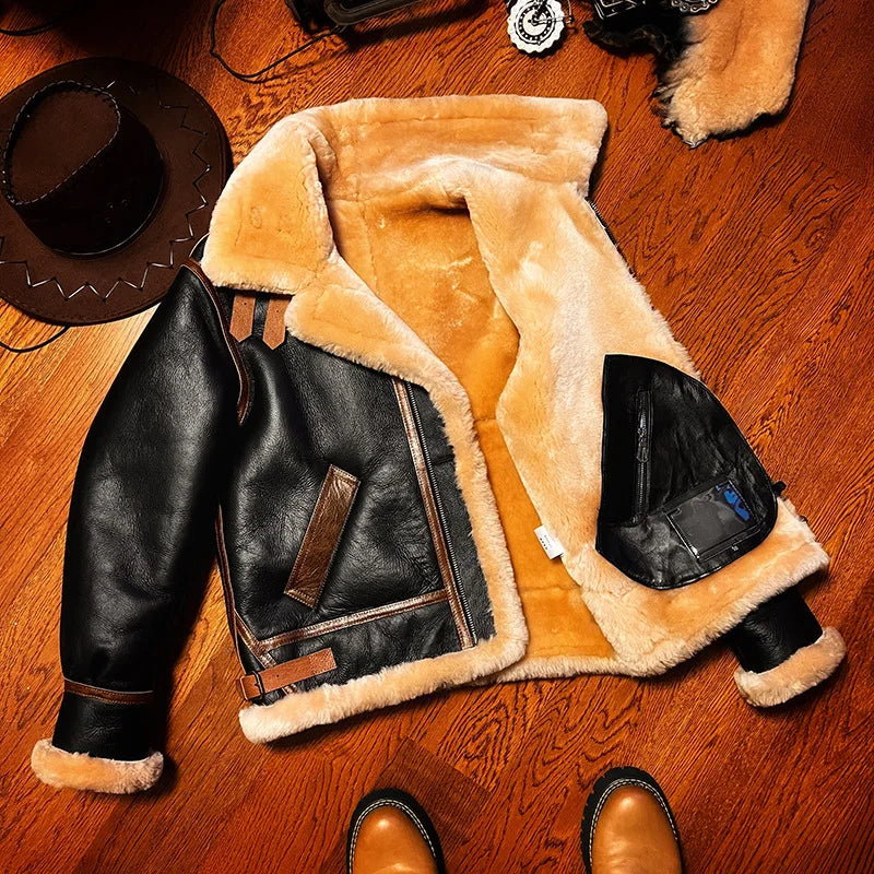 Sheepskin Suit Men's Lambskin Genuine Leather Overcoat Motorcycle Short Leather Fur Coat