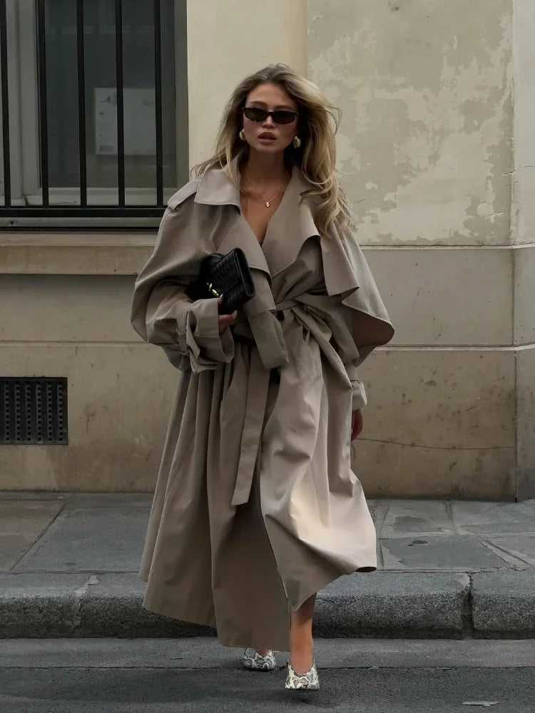Solid Lace Up Long Trench Coat Women Fashion Full Sleeve Lapel Single Breasted Loose Outerwear 2026 Lady Spring High Street Coat