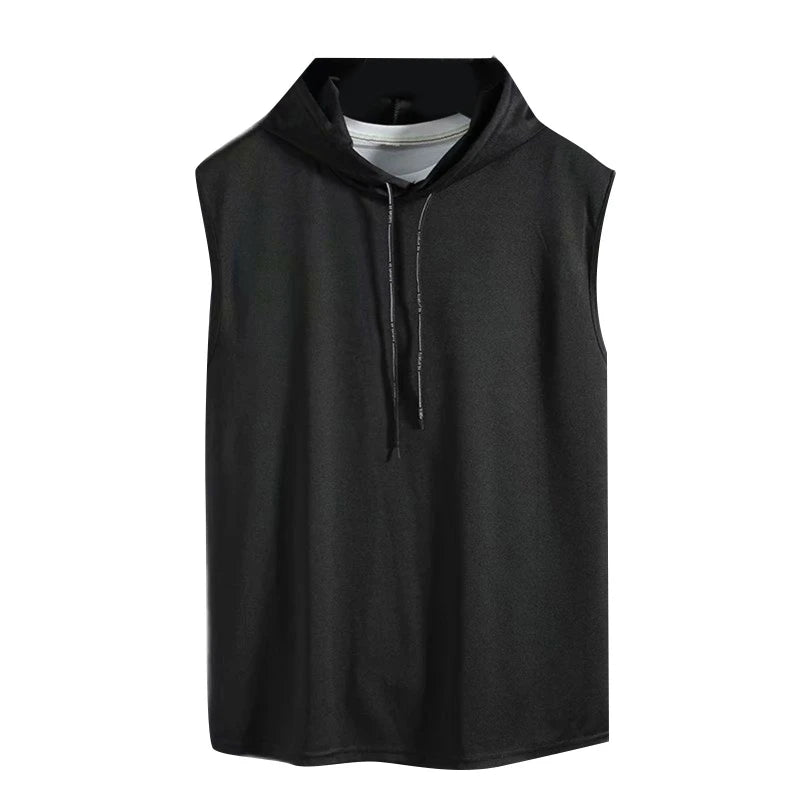 Mens Summer Sleeveless Drawstring Hooded for Tank Top Solid Color Gym Fitness Sports T-Shirt Hip Hop Loose Blouse Vest