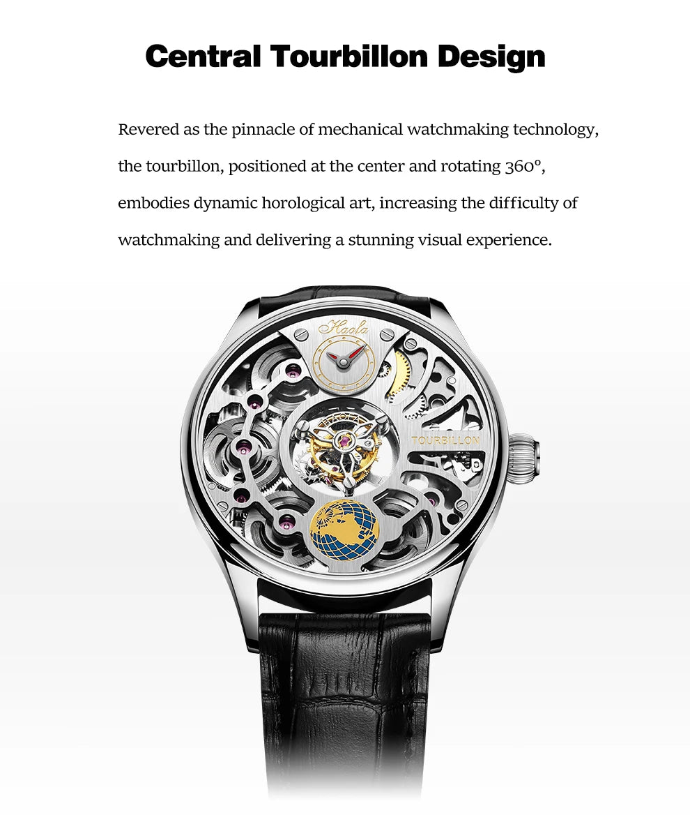 Haofa 1037 Center Tourbillon Mechanical Man Watch Skeleton Earth Dial Flying Tourbillon Movement Men Watches Vintage Fashion