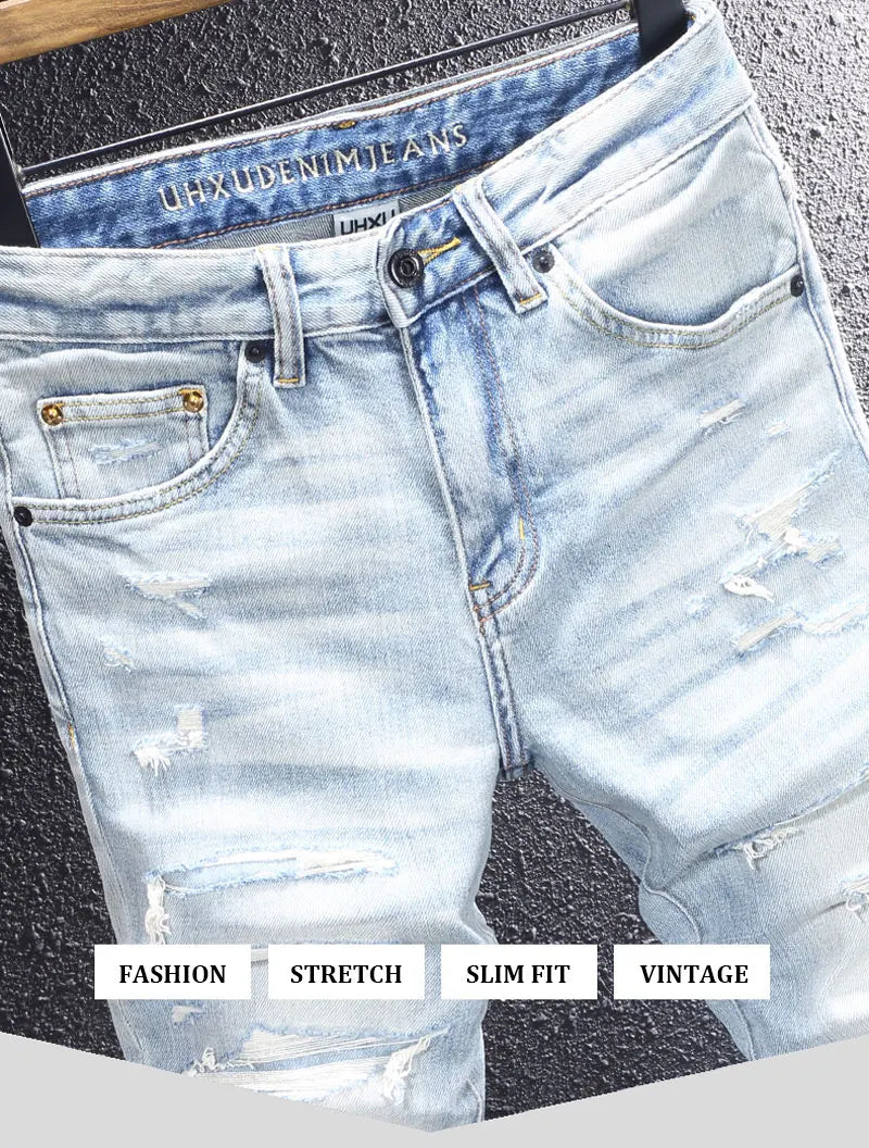 Fashion designer men's retro washed light blue elastic slim fit printed corrugated jeans men's Italian style retro denim pants h