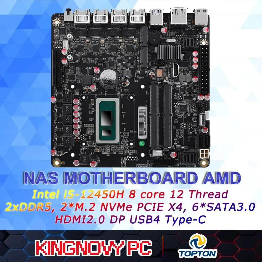 6-Bay NAS Motherboard AMD Firewall VPN Router Intel i5-12450H 8 core 12 Thread DIY 2xSFF-8643 HDMI2.0 DP USB4 Type-C ITX 17x17CM