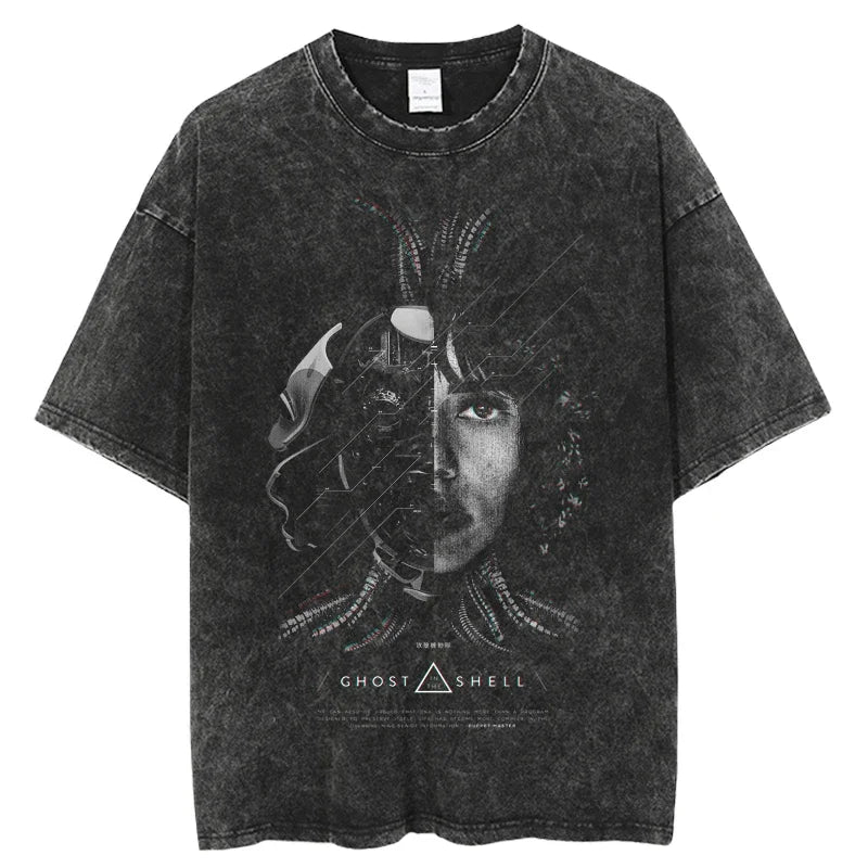 2024 Anime Ghost in the Shell Washed T-shirts Mens Clothing Graphic Manga Harajuku Tees Unisex Summer Top Male Streetwear