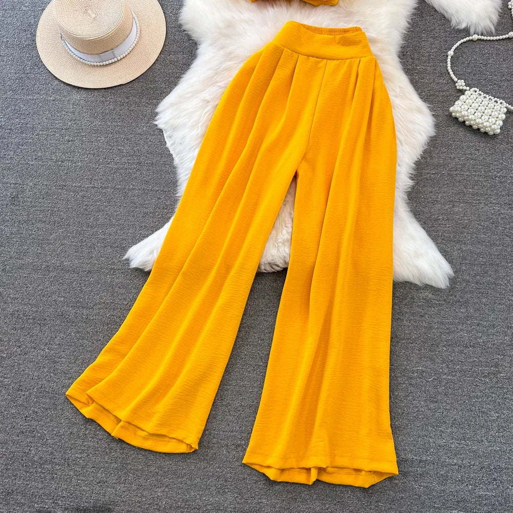Green/Black/Red 2026 New Summer Two Piece Set Women Sexy Strap Short Tops + High Waist Wide Leg Pants Female Suit New