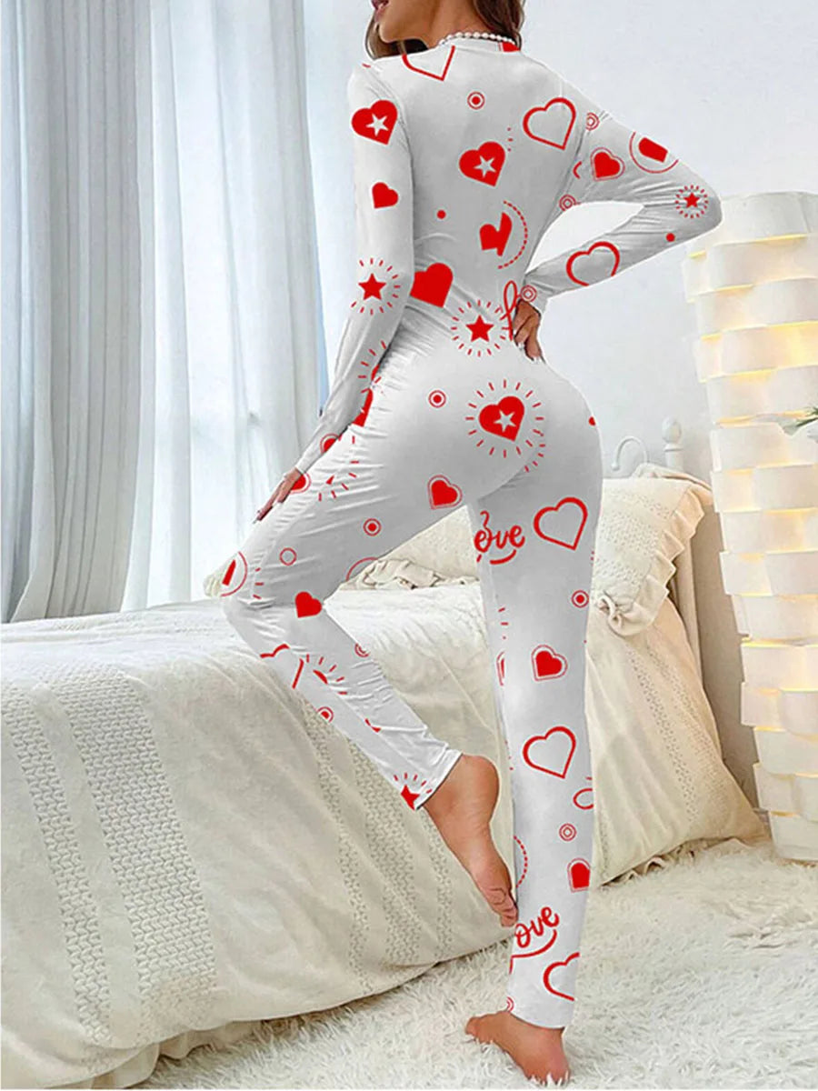 Women Jumpsuit Long Sleeve V Neck Button Closure Letters Heart Print Bodysuit Loungewear Sleepwear for Valentines Day