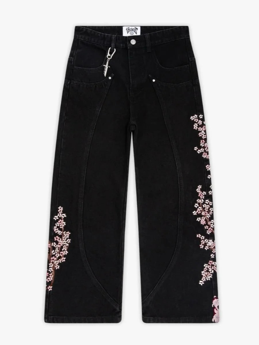 New Retro Black Denim Wide Leg Pants Mens and Womens Gold Dragon Embroidered Y2K Street Hip Hop Oversized Loose Trendy Jeans