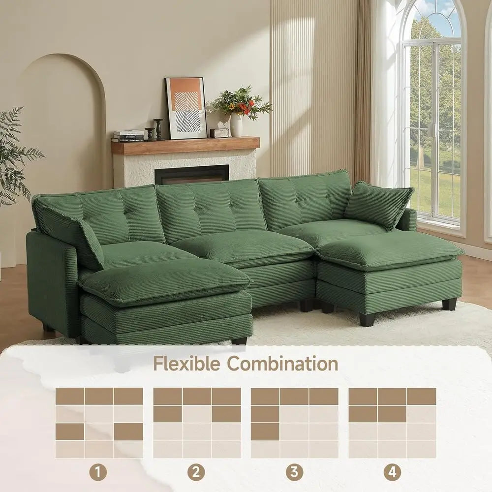 U-Shaped Corduroy 3-Seater Sofa with 2 Ottomans, Green Deep Seating Living Room Sectional