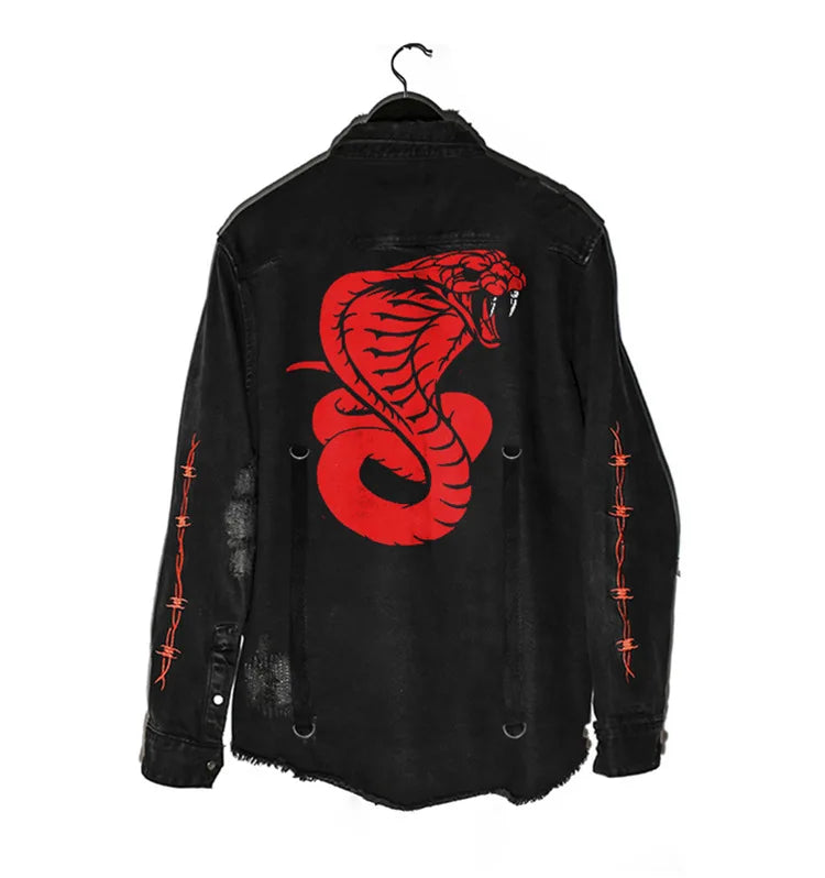 Gothic Demon Hunter Skull Black Denim Jacket Men Rock Punk Heavy Metal Sweatshirt Sudadera Hole Streetwear Mens Jean Jacket