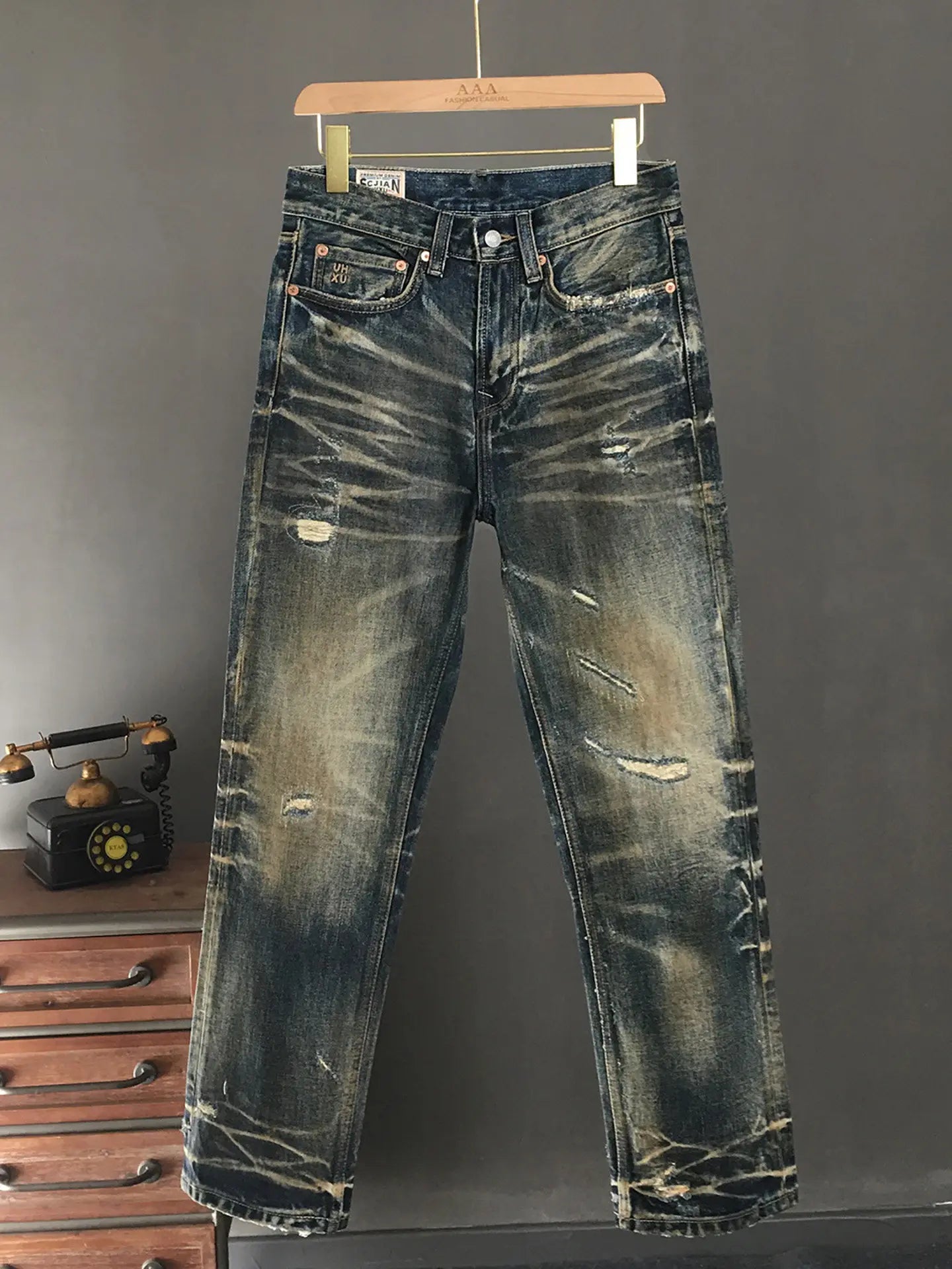 Heavyweight American Retro 100% Cotton Jeans for Men High-Street Ripped and Patched Non-Stretch Premium Loose Straight-Leg Pants
