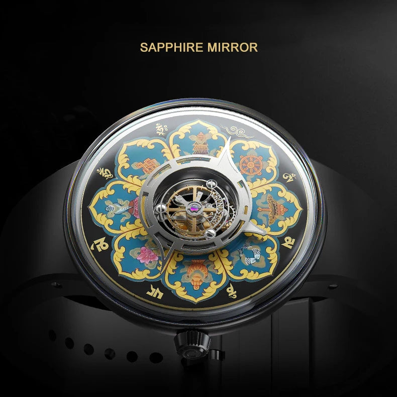 CRONUSART Men Tourbillon Watch 43mm Titanium Case Mechanical Wristwatch Luminous Tangka Enamel Dial Sapphire Mirror Skeleton