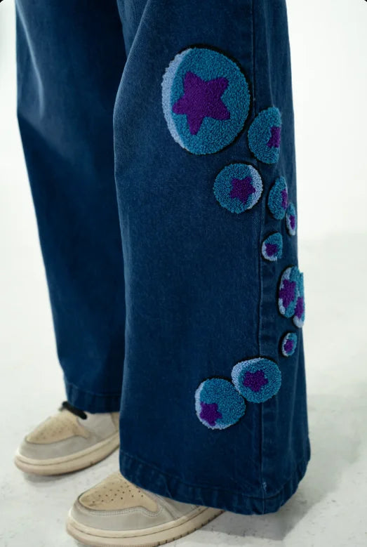 Women's Blue High Waisted Anime Embroidered Washed Jeans, Wide Leg Denim Pants, Street Wear Y2K Loose Pants