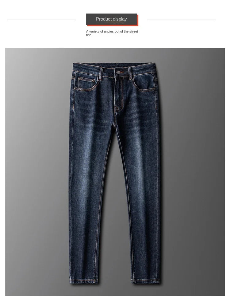 Light Luxury Blue Jeans Men's Autumn and Winter Thick 2024 New Simple and Versatile Casual Stretch Slim High-End Trousers