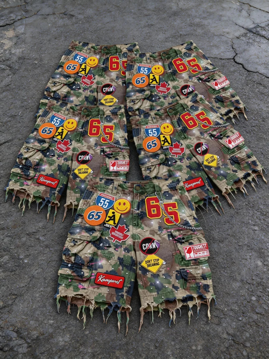 Hip Hop Retro Camo Patchwork Denim Shorts Streetwear Y2K Jeans Men Women Cartoon Graphics Loose Denim Fitness Casual Shorts