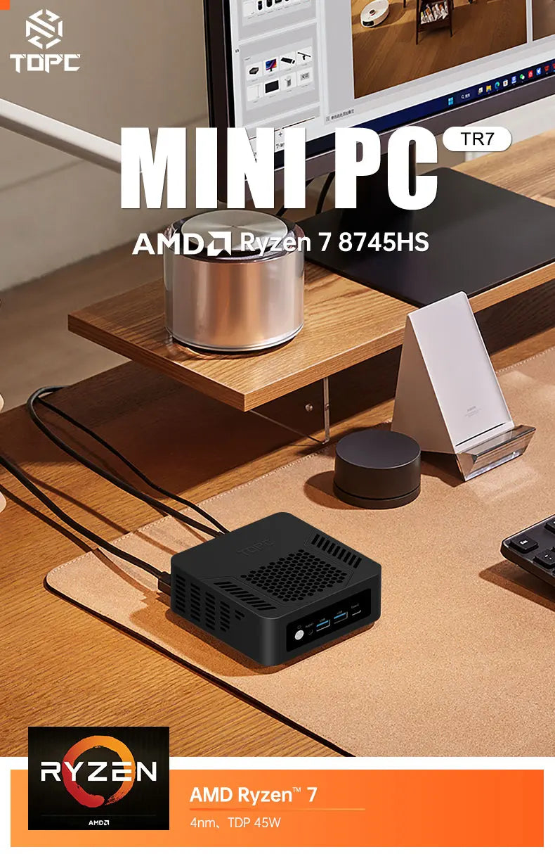 Ryzen 7-8745HS Mini Desktop PC for Gaming and Office Work 8-Core 16-Thread 32GB DDR5 RAM 1TB PCIe4.0 M.2 SSD 4K HD