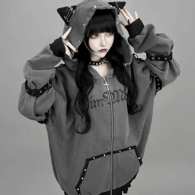 American Vintage Japanese Jacket Hooded Women 2026 Cotton Coats Outwear Design Subculture Gothic Sweatshirts Harajuku