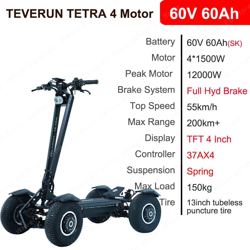 Original Teverun TETRA 4 Motor 60V 60A 4 Inch TFT Display 4*1500W Peak 12000W Top Speed 55km/h 13 Inch Tire Official E-Scooter