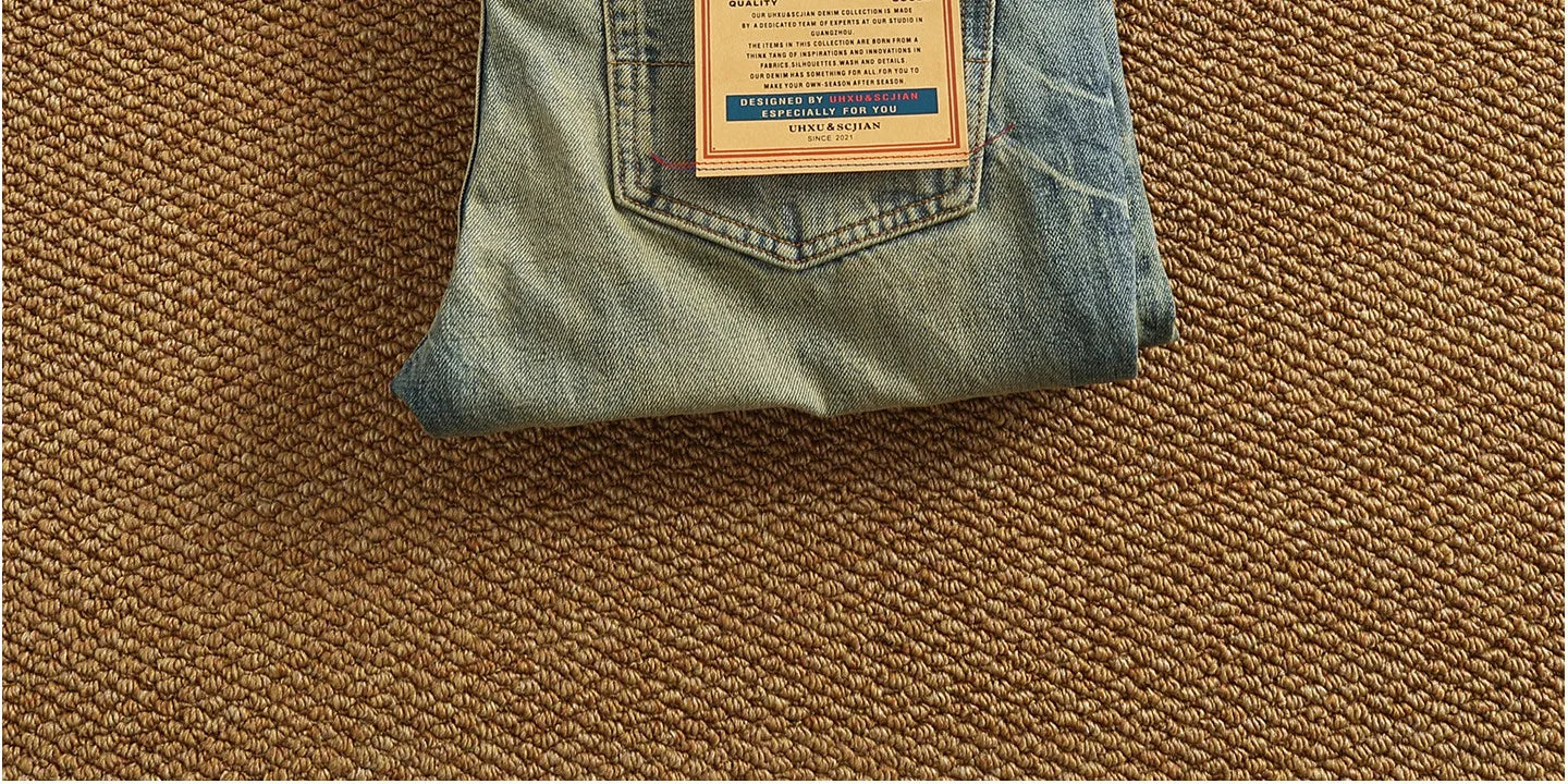 2025 Autumn New American Retro Heavyweight Ripped Denim Men's Fashion 100% Cotton Washed Old Straight Tapered Casual Jeans