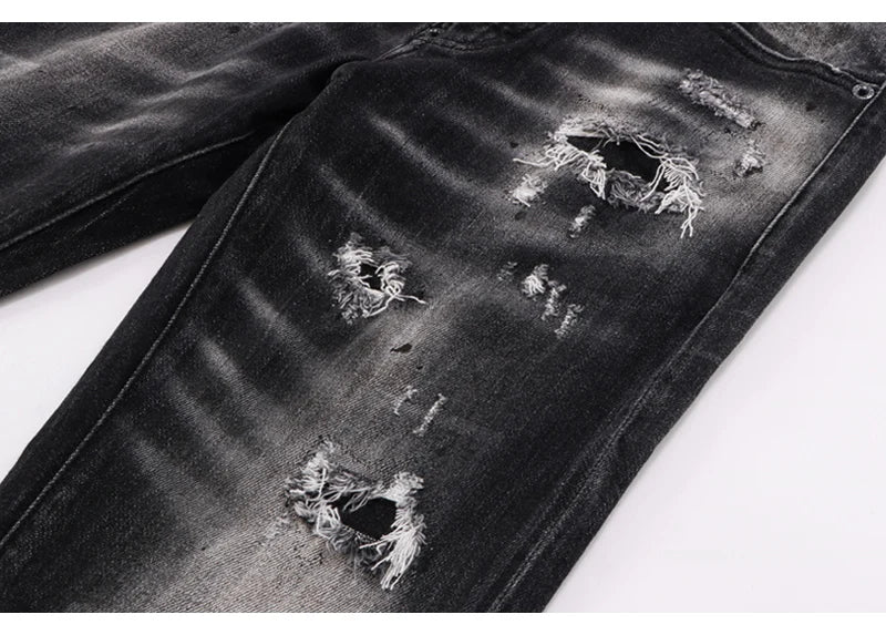 Street Fashion Men Jeans Retro Black Gray Elastic Stretch Slim Fit Hole Ripped Jeans Men Patched Designer Hip Hop Brand Pants