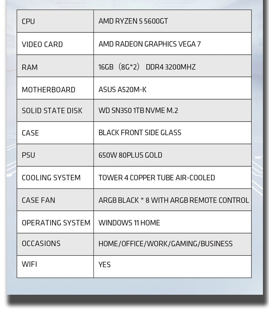 YEAH MAGIC  AMD Ryzen 5 5600GT  Gaming Desktop 16GB(8G*2) DDR4 3200 1T NVME SSD ARGB 7 Fans Win 11 Home Gamer Desktop PC in US