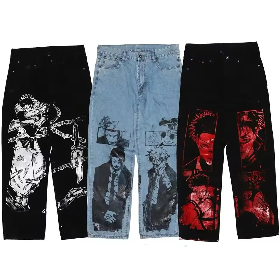 New Trend Printed Demon Slayer One Piece Jujutsu Kaisen Anime Characters Teen Loose Casual Jeans Japanese Retro Straight Jeans