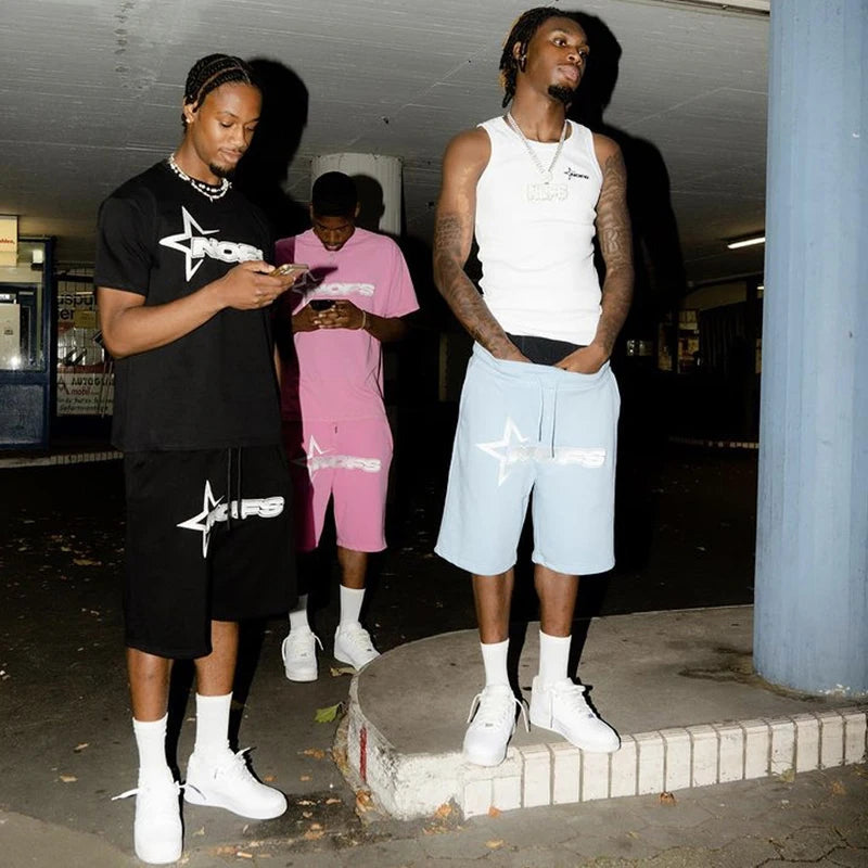 Men New Fashion Letter Graphics T-shirt Hip-hop Punk Summer Short Sleeve American Street Tops Shorts Set Y2K 2024 Men's Clothing
