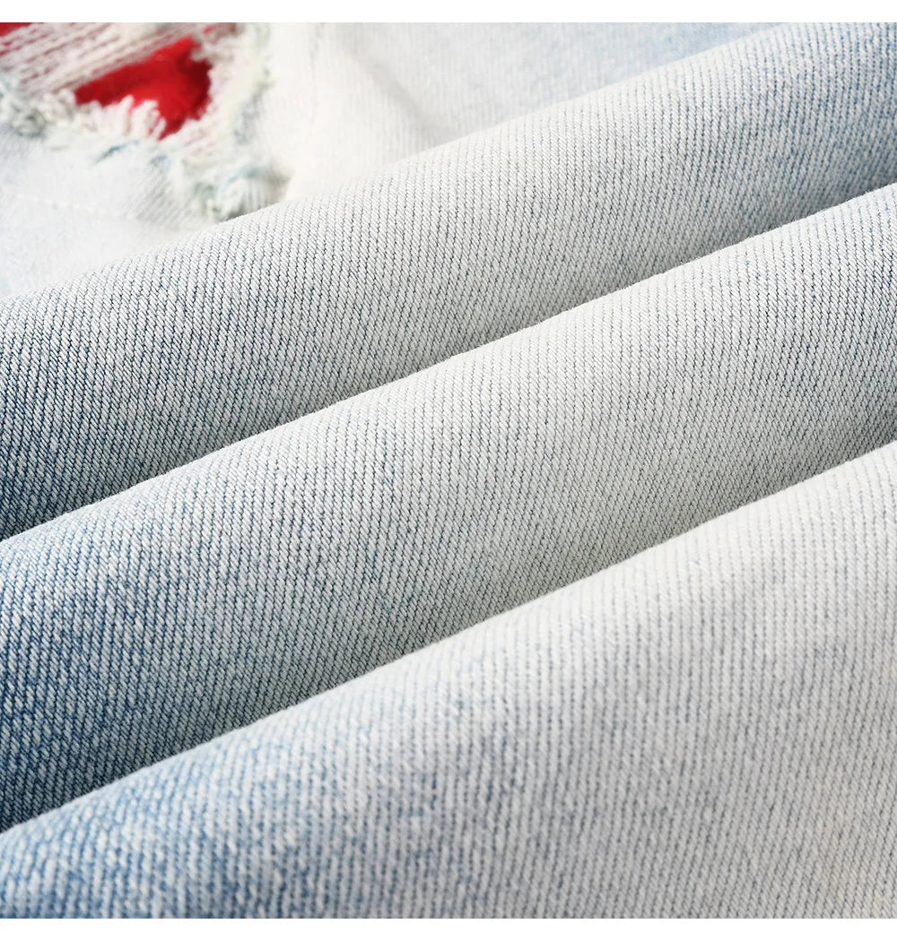 Men's Snake Embroidery Skinny Jeans Streetwear Red Leather Patch Pants Holes Ripped Distressed Denim Tapered Trousers