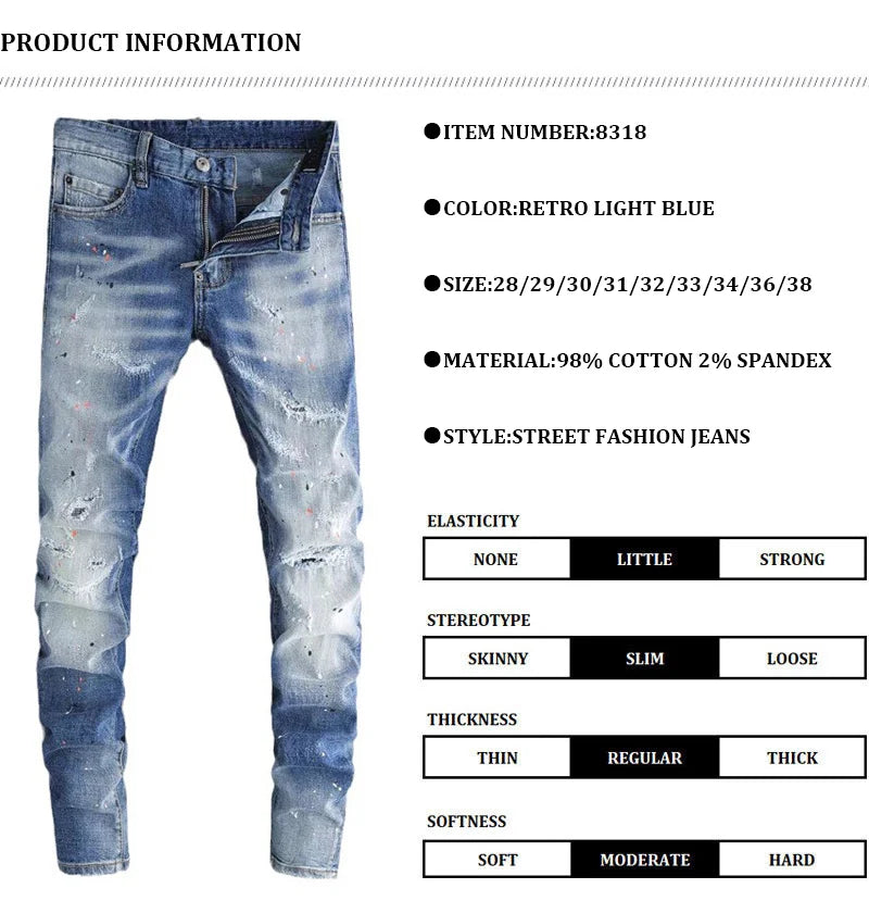 Fashionable new jeans washed with nostalgia, stretchy, slim fit, light blue, men's ripped patch jeans, high street hip-hop pants