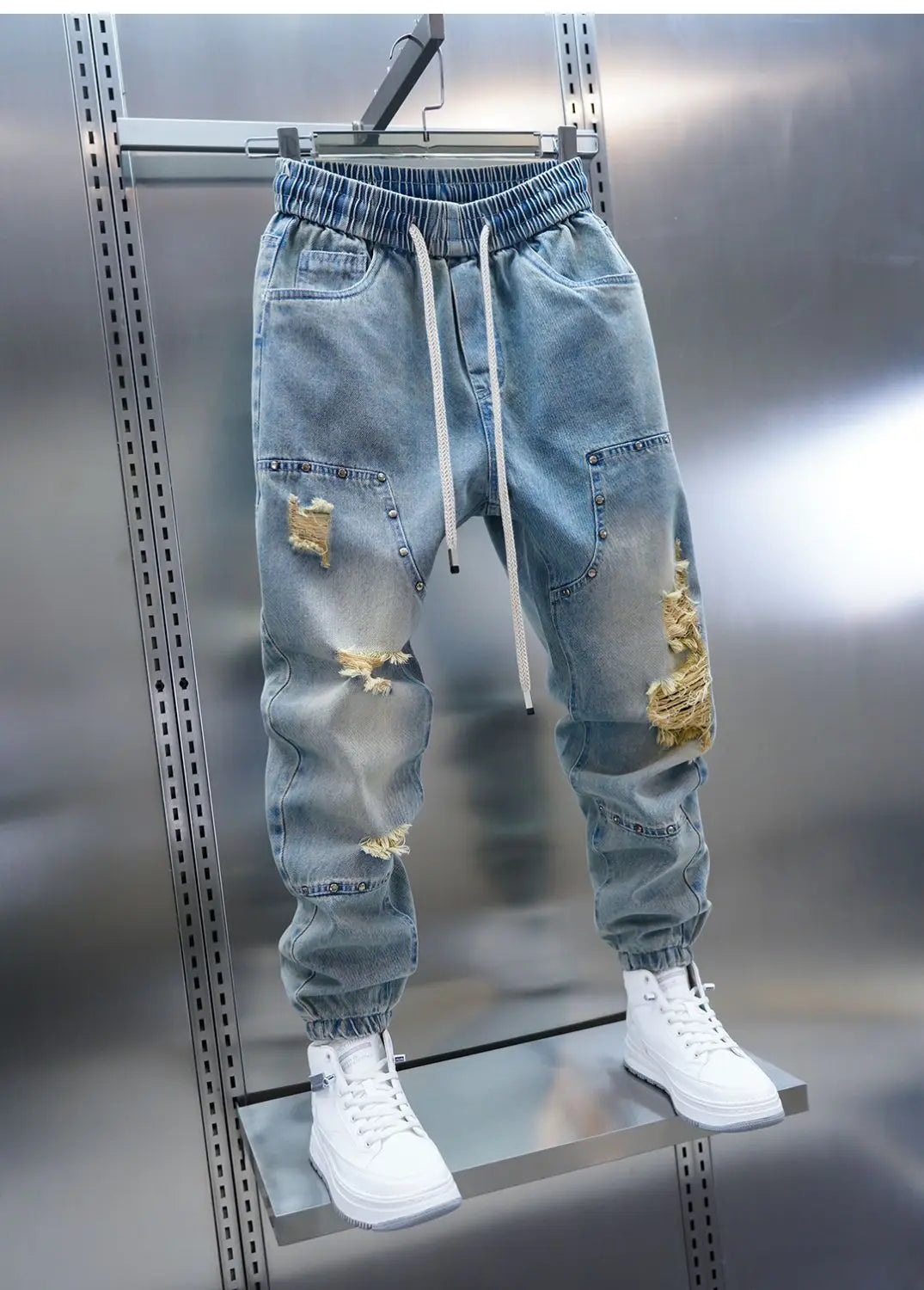 Men's distressed ripped drawstring and cuffed jeans with rivet embellishments high-street slim-fit trousers brand men clothing