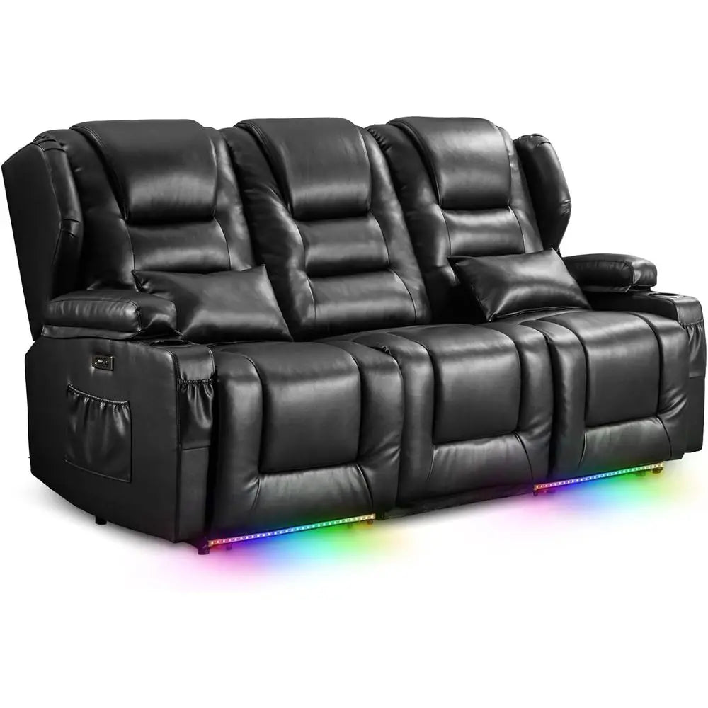 Adjustable Split Back Reclining Loveseat with Storage, Cup Holders, LED Lighting - Black Auxiliary Leather Home Theater Seating