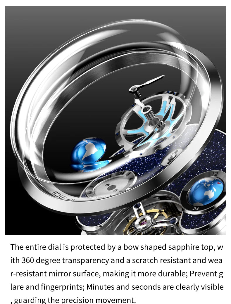 IDEAL KNIGHT Real Tourbillon Automatic Watches for Men 43mm Large Dial Blue Earth Series High-end Luxury Brand Mechanical Watch