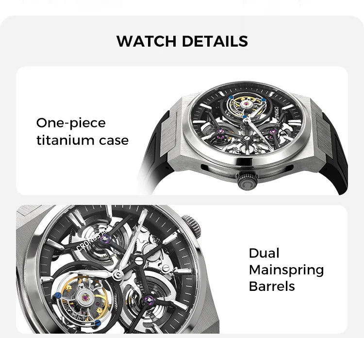 CRONUSART Men Tourbillon Watch 41mm Mechanical Wristwatch Titanium Case Sapphire Case Luminous FKM Strap Skeleton Dial