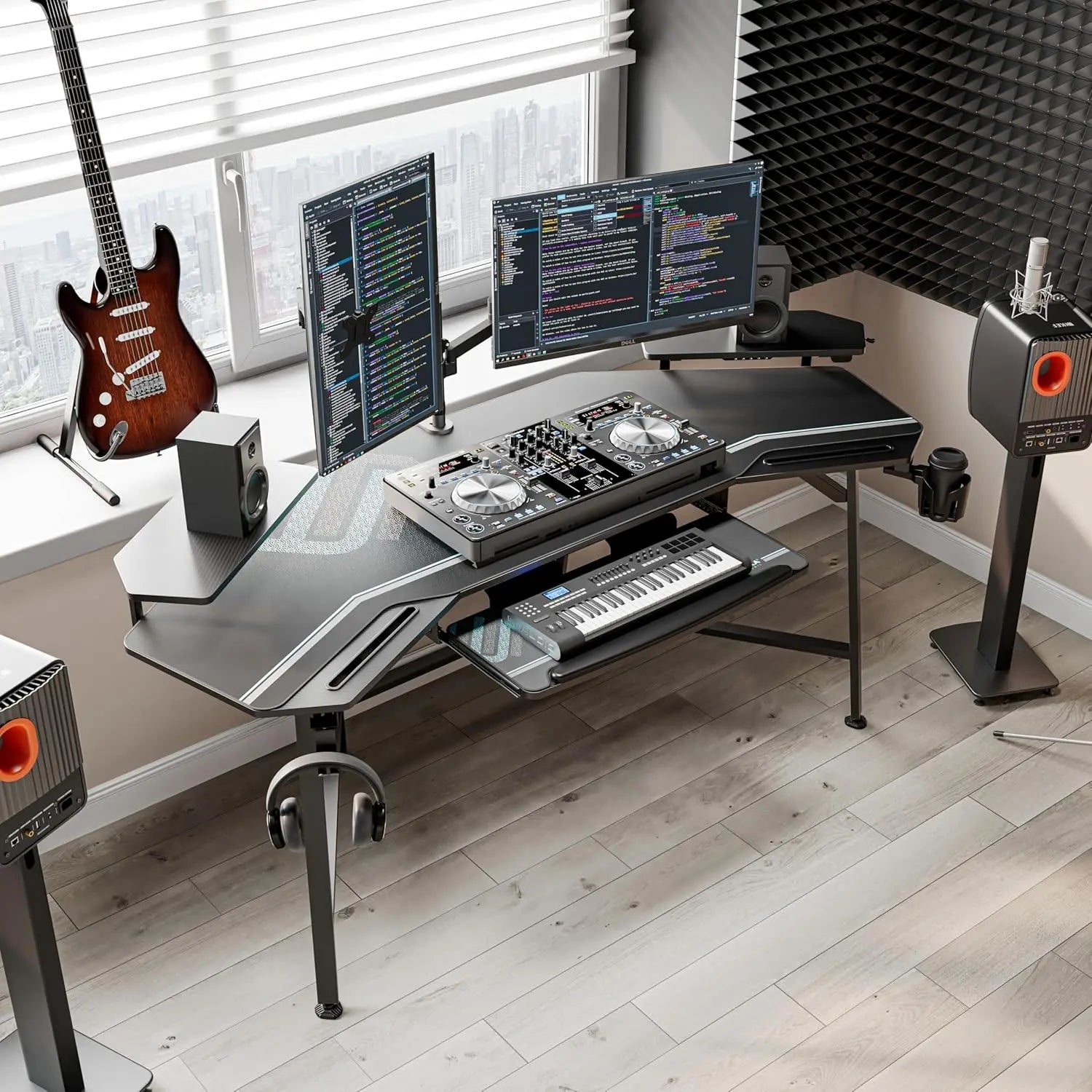 Aero 72 Inch Gaming Desk with Keyboard Tray, Large Computer Desk Led Lights, Wing-Shaped Monitor Stand Dual Headphone Hanger Cup