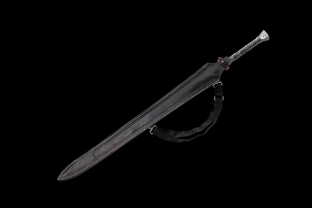 medieval Viking era samurai sword and a folded Damascus steel one-piece sword are ready for battle, handcrafted sharp weapons